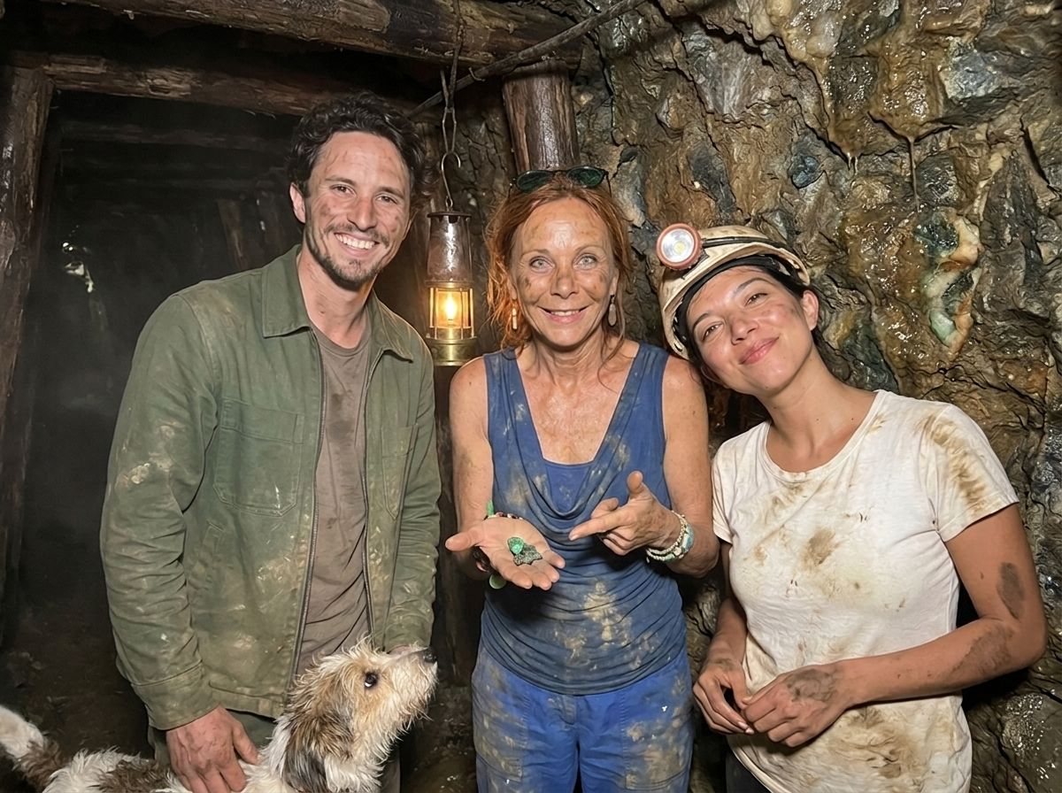 Famille franco-colombienne dans une galerie des mines d’émeraude de Colombie, tenant des pierres brutes à la main